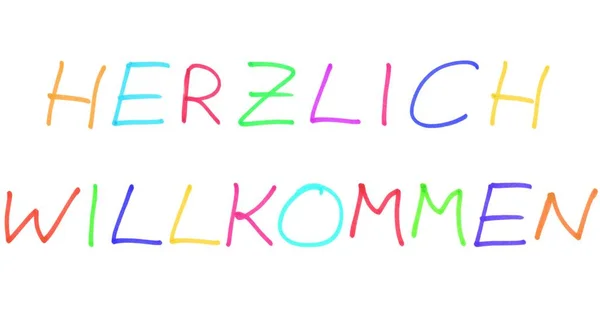 Witamy Języku Niemieckim Kolorowy Odręcznie Napisany Tekst Białym Tle — Zdjęcie stockowe