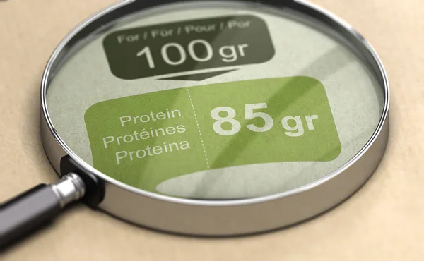 Ilustración Una Lupa Sobre Etiqueta Proteína Concepto Dieta Alta Proteínas —  Fotos de Stock