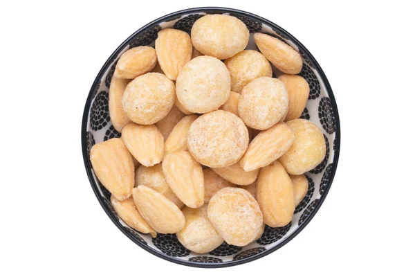 Nuts Background Close Roasted Salted Macadamias Almonds Nuts Ceramic Bowl — Stock Photo, Image