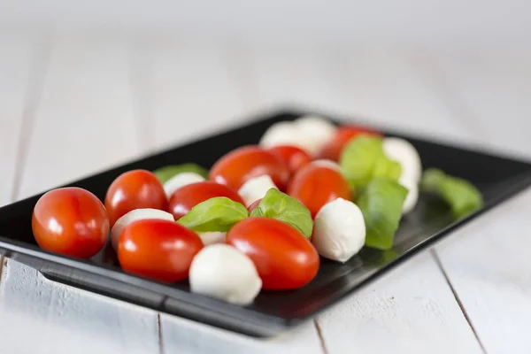 Fresh Mozzarella Cheese Balls Cherry Tomatoes Green Basil Isolated White — Stock Photo, Image