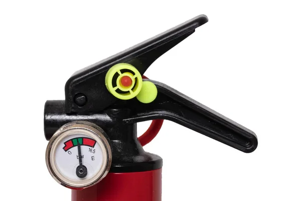 Brandsläckare Närbild Detalj Liten Röd Brandsläckare Med Väggfäste Isolerad Vit — Stockfoto