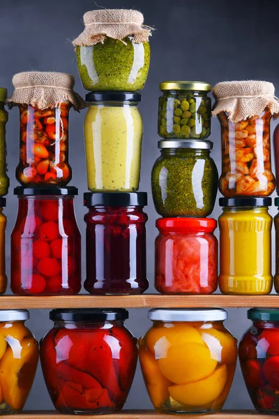 Jars Variety Pickled Vegetables Fruits Preserved Food — Stock Photo, Image
