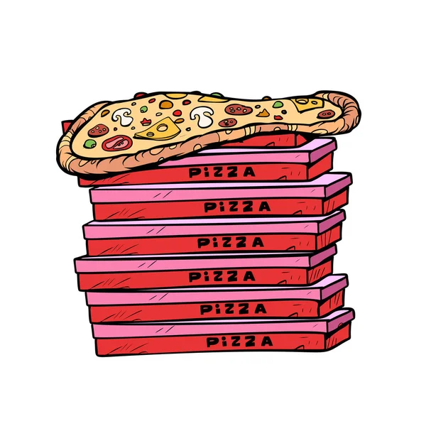 Pizza Doos Veel Isoleren Witte Achtergrond Pop Art Retro Vector — Stockfoto