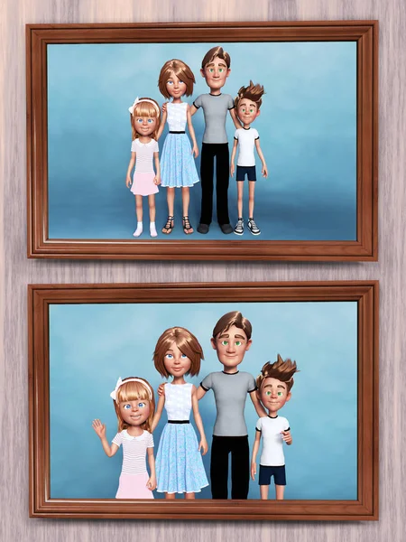 Vykreslování Dvě Zarámované Kreslené Rodinné Portréty Který Visí Zdi — Stock fotografie