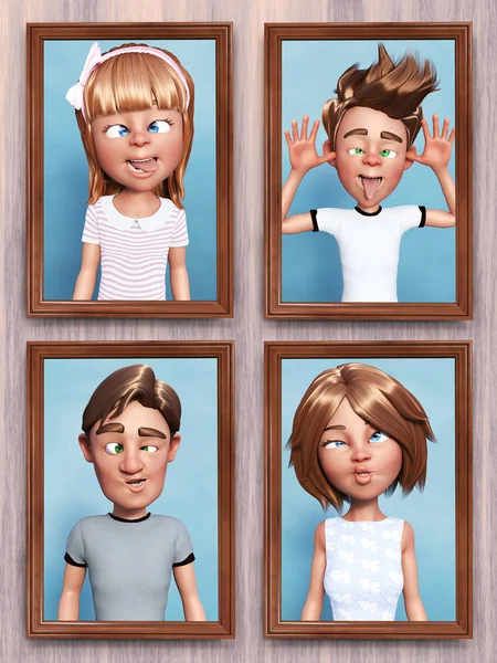 渲染的四个框架卡通家庭肖像挂在墙上 家里的每个人都在做一张愚蠢的脸 — 图库照片