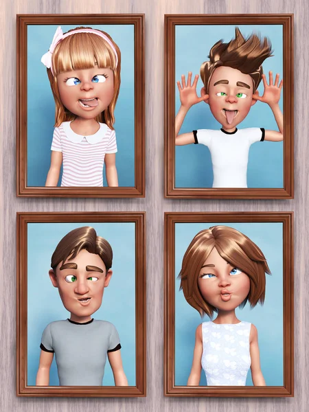 3D rendering of four framed cartoon family portraits that is hanging on the wall. Everyone in the family is doing a silly face.