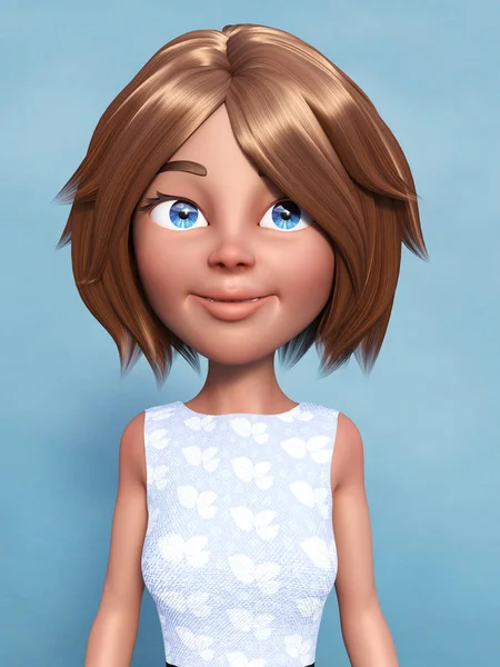 Rendering Cartoon Woman Portrait Blue Background — Stock Photo, Image