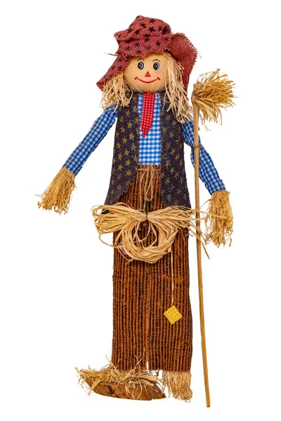 Straw Decorations Background Close Funny Handmade Scarecrow Doll Isolated White — Stock Photo, Image