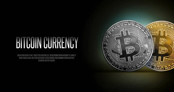 Bitcoin Banner Header 金币和银币为您自己的文本提供带有空格的密码货币 — 图库照片