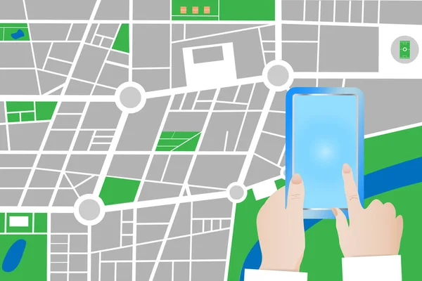 游客正在触摸智能手机的空白屏幕 城市小抽象镇地图向量以街道 公园和河是在背景 — 图库照片