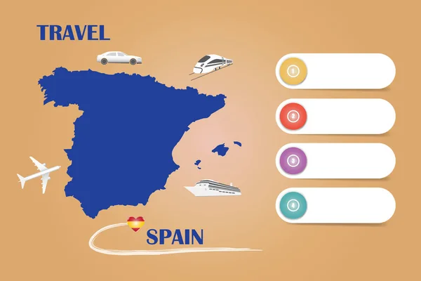 旅游西班牙旅行社模板向量等 显示飞机 火车和船只接近盲目的西班牙地图的矢量 四个空白标签已准备好用于文本 都在橙色的背景上 — 图库照片