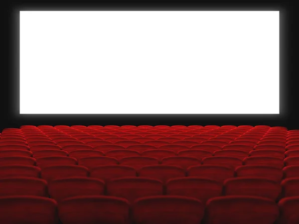 Cinema Hall Red Seats White Screen Render — Stock Photo, Image