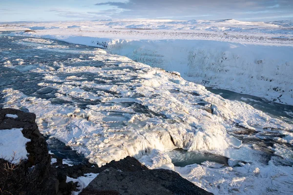 Imagen Panorámica Cascada Congelada Gullfoss Islandia Europa —  Fotos de Stock