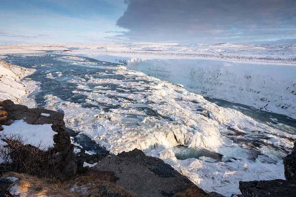 Imagen Panorámica Cascada Congelada Gullfoss Islandia Europa —  Fotos de Stock