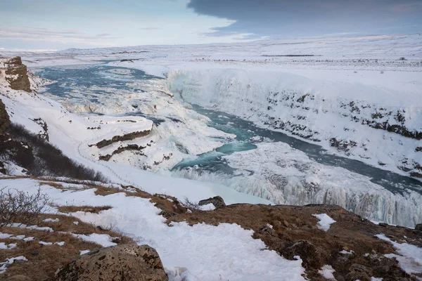 Панорамне Зображення Замерзлого Водоспаду Ґульфосс Ісландія Європа — стокове фото