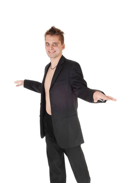 Jeune Homme Beau Debout Dans Costume Mais Sans Chemise Pointing — Photo