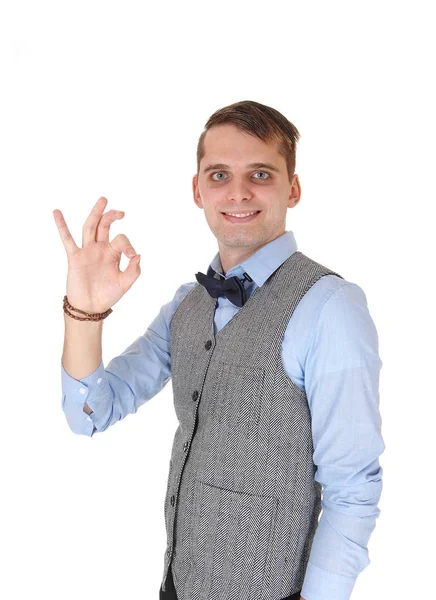 Uma Imagem Jovem Feliz Sorrindo Mostrando Com Mão Sign Concordando — Fotografia de Stock