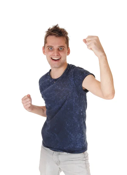 Young Very Happy Man Standing Blue Sweater Gray Jeans Smiling — Stock Photo, Image