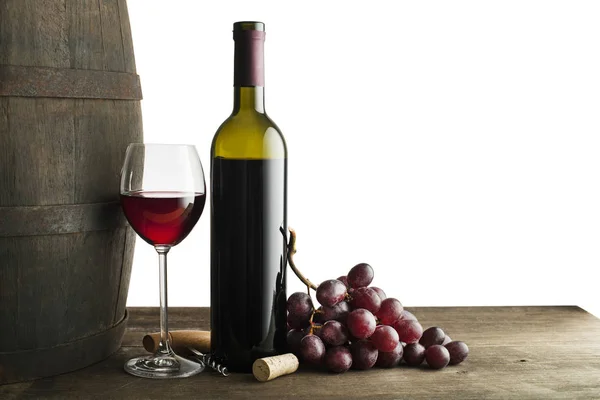 Glass Bottle Red Wine Wooden Barrel Background Isolated White Royalty Free Stock Photos