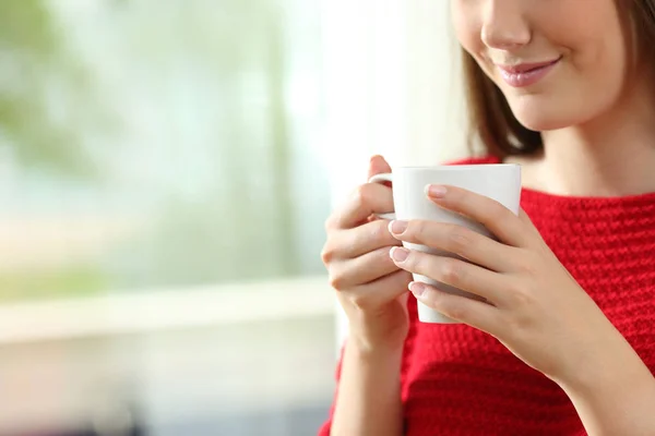 Close Relaxed Woman Hand Holding Coffee Cup Home — Stock Photo, Image