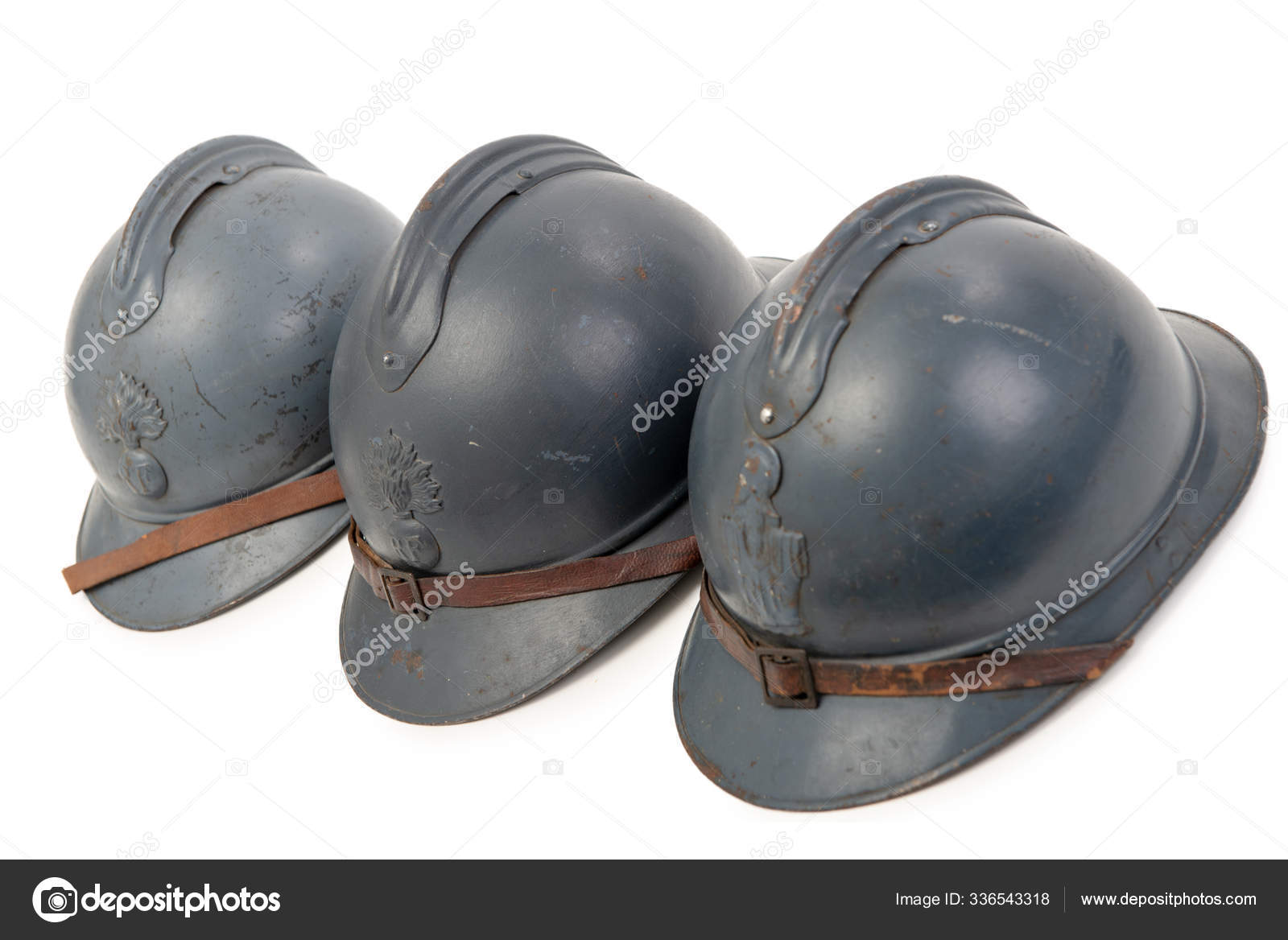 Three French Military Helmets First World War Isolated White