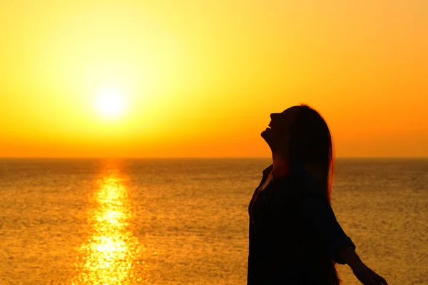 Kant Weergave Portret Van Een Gelukkige Vrouw Silhouet Het Strand — Stockfoto