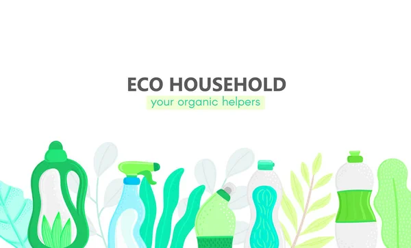 Background with eco friendly household cleaning supplies and leaves. Natural detergents. Products for house washing. Green home. Flat design. Banner, brochure, lable, package. Vector illustration