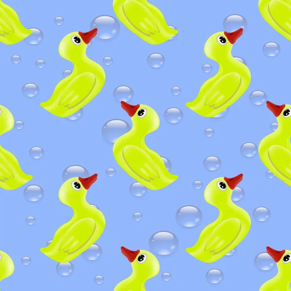 织物和装饰用蓝色泡泡背景的滑稽橡胶黄鸭无缝图案 — 图库照片