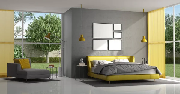 Gri Sarı Yatak Modern Villa Render — Stok fotoğraf