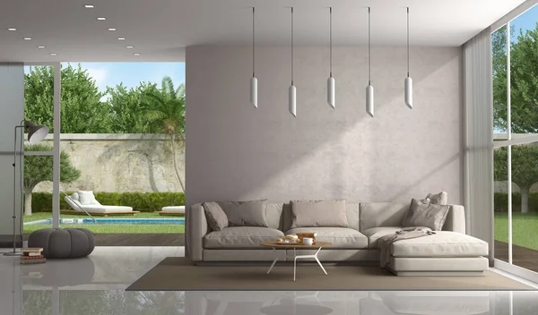 Sala Estar Marrón Una Villa Moderna Con Piscina Fondo Rendering —  Fotos de Stock