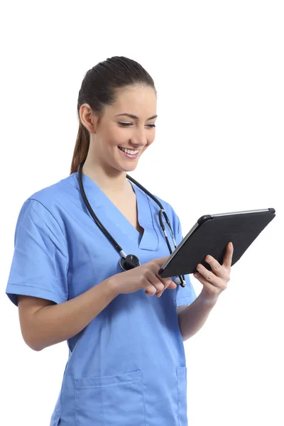 Glad Sjuksköterska Som Arbetar Online Med Tablett Isolerad Vit Bakgrund — Stockfoto