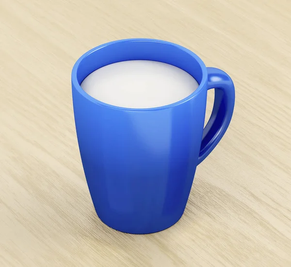 Tasse Céramique Bleue Pleine Lait Sur Table Bois — Photo