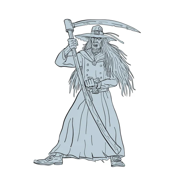 Drawing sketch style illustration of Ankou, henchman of Death, Celtic keeper of lost souls and graveyard watcher in Breton mythology with hat and scythe like the Grim Ripper on isolated background.