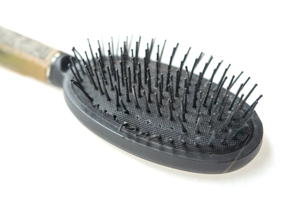 Vieille Brosse Cheveux Sale Utilisé Isolé Sur Fond Blanc — Photo