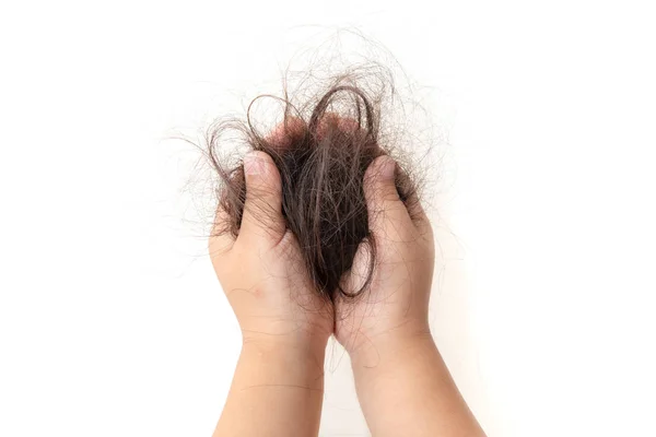 Niño Agarrando Mano Pelo Perdido Aislado Sobre Fondo Blanco —  Fotos de Stock