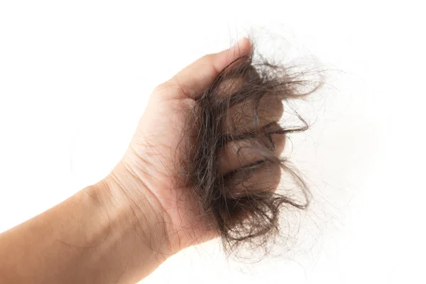 白い背景に隔離された失われた髪を持つ人間の手 — ストック写真