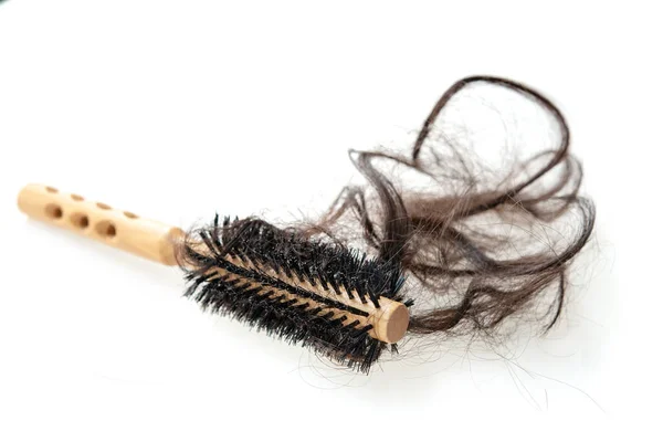 Problém Ztrátou Vlasů Štětec Ztracenými Vlasy Něm Izolované Bílém Pozadí — Stock fotografie