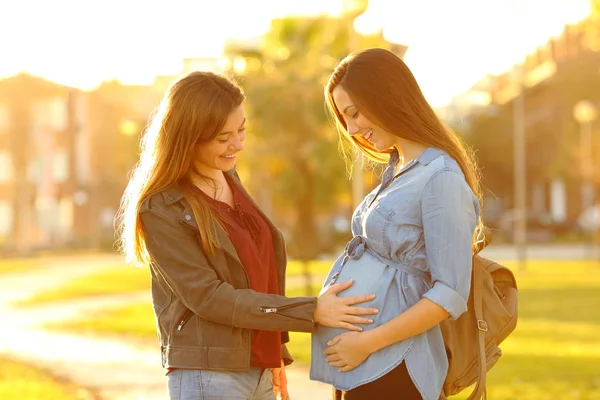 Mujer Embarazada Feliz Mostrando Vientre Amigo Parque Atardecer — Foto de Stock