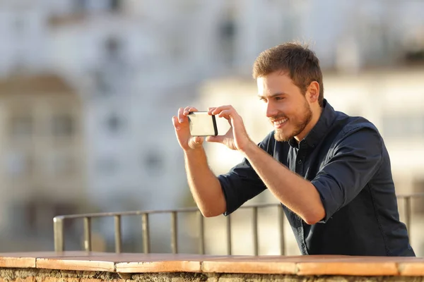Happy Man Recording Videos Smart Phone Town Background — Stock Photo, Image