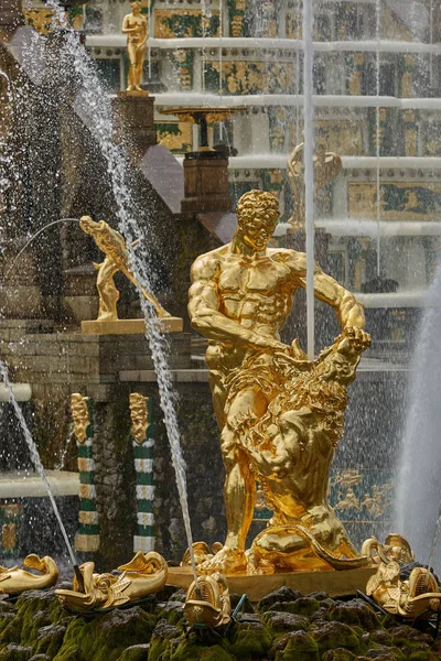 Petersburg Rusia Julio 2017 Estatua Oro Los Jardines Peterhof Cerca Imagen de archivo