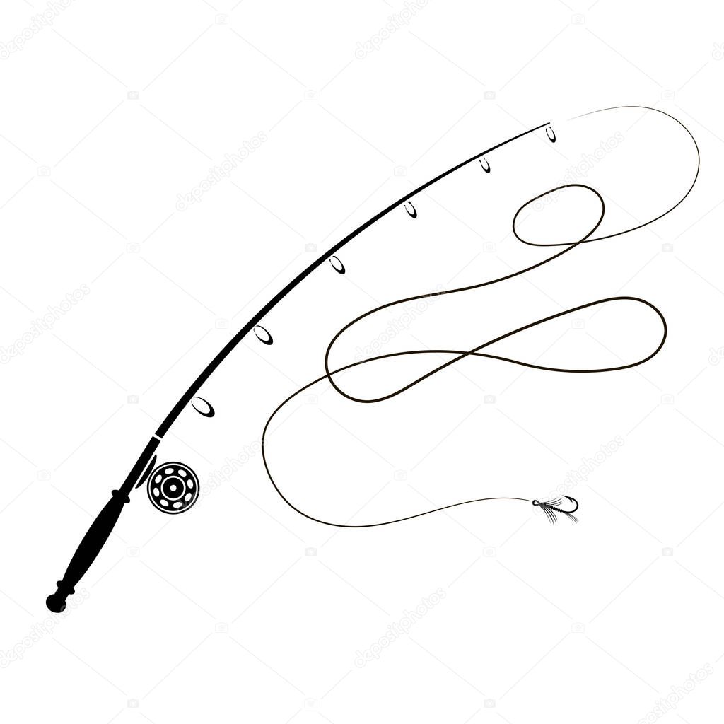Fishing Rod Silhouette with Fishing Hook Isolated on White Background