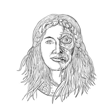 Drawing sketch style illustration of  face of Norse goddess, Hel with face half skeleton and half flesh with  gloomy, downcast appearance viewed from front on isolated white background in black and white. clipart