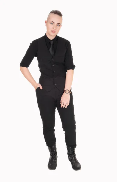 Egy Fiatal Gyönyörű Áll Fekete Ingben Nadrágban Fekete Nyakkendőben Egyik — Stock Fotó
