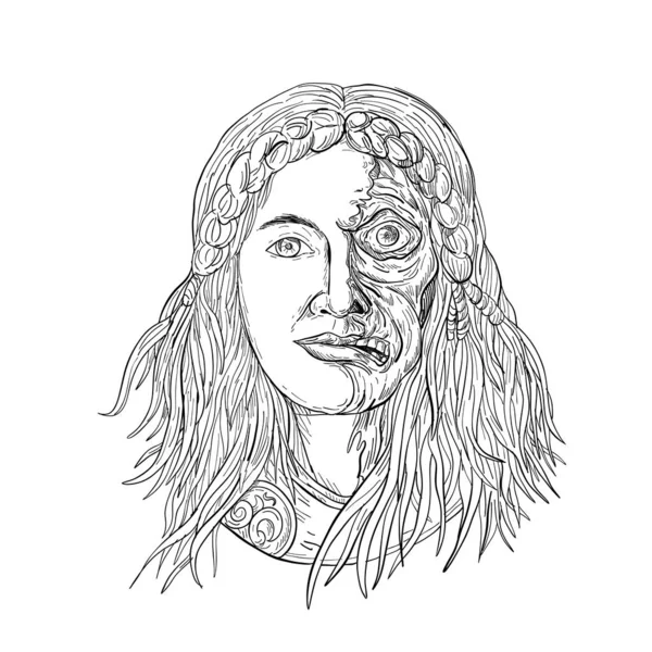 画素描样式描绘的面孔挪威女神 Hel 与面孔一半骨架和半肉以悲观 垂头丧气的出现从前面在查出的白色背景在黑和白色 — 图库照片