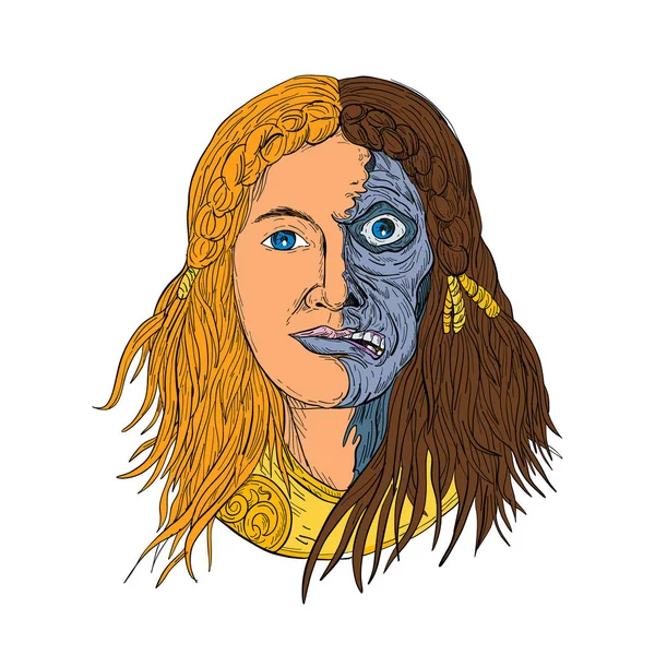 画素描样式描绘的脸的 Hel 在北欧神话的女神 与面孔一半骨架和半肉以阴郁 沮丧的外观从前面在查出的白色背景在颜色 — 图库照片