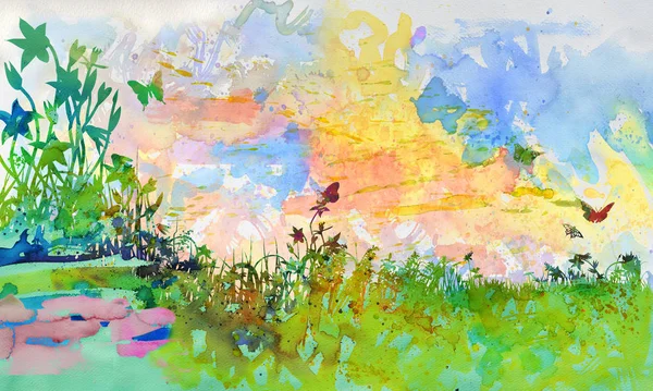 Watercolor Few Flowers Meadow Garden — Stock Photo, Image