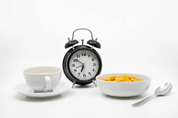 Час Сніданок Концепція Годинником Зерном Кавою — стокове фото