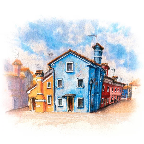 意大利威尼斯布拉诺岛上五彩斑斓的房屋和教堂 图片制作的标记 — 图库照片