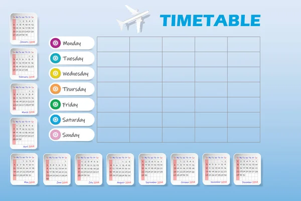 Vektorkalender Für Das Jahr 2019 Und Leerer Wöchentlicher Flugplan Auf — Stockfoto