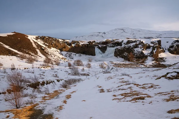 Fryst Vattenfall Hjalparfoss Mulen Morgon Vinter Island Europa — Stockfoto